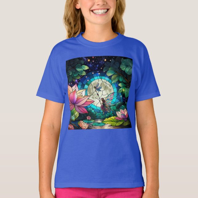 Stained Glass Little Fairy With Dragonfly T-Shirt (Front)