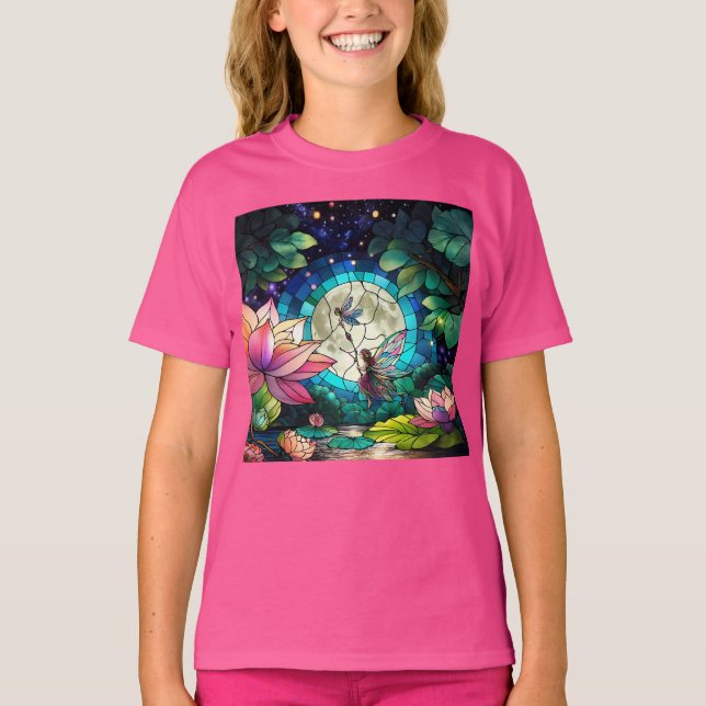 Stained Glass Little Fairy With Dragonfly T-Shirt (Front)