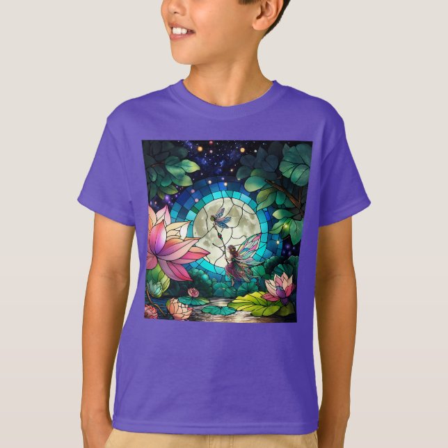 Stained Glass Little Fairy With Dragonfly T-Shirt (Front)