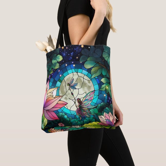 Stained Glass Little Fairy With Dragonfly Tote Bag (Close Up)