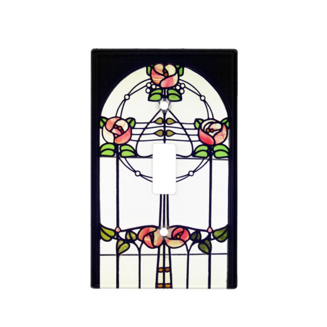 Stained glass look art nouveau floral window light switch cover (Front)