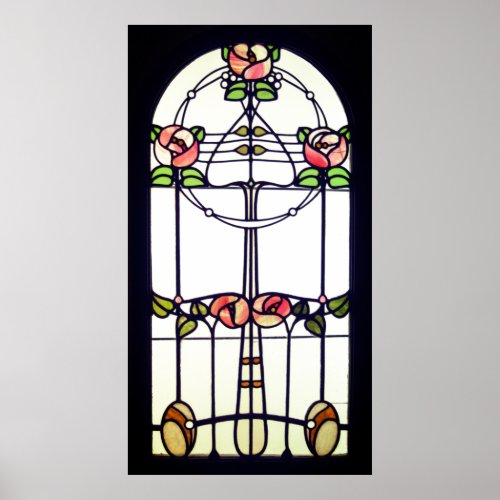 Stained glass look art nouveau floral window poster