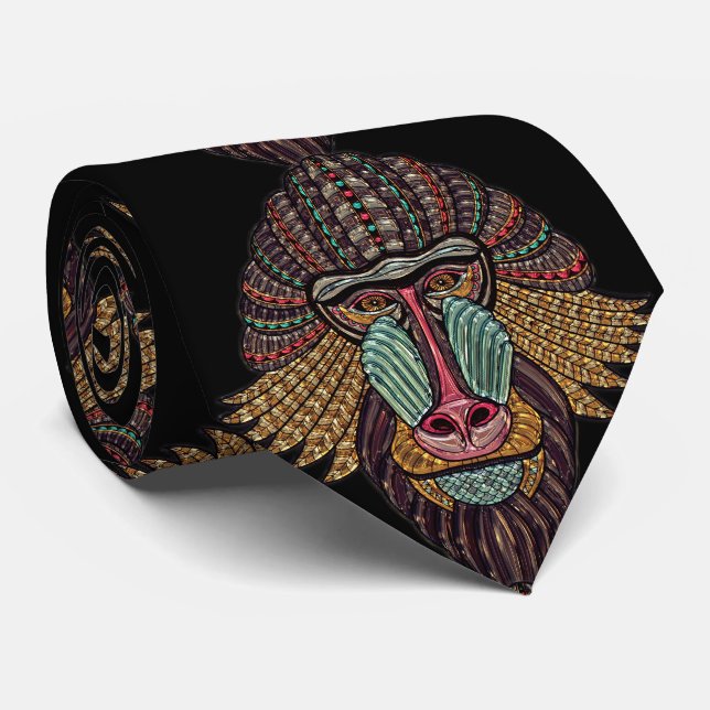 Stained glass look baboon animal african art neck tie (Rolled)