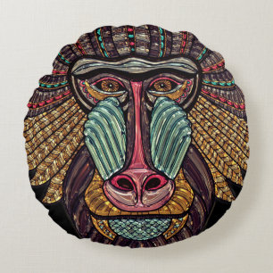 Stained glass look baboon animal african art round pillow