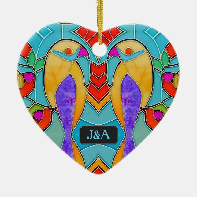Stained Glass Look Birds with Pair of Initials Ceramic Ornament (Front)