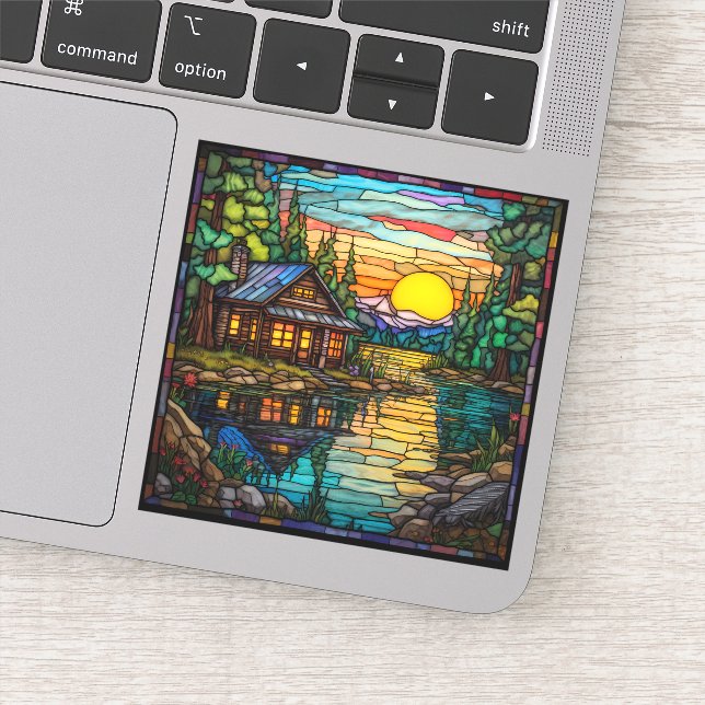 Stained Glass Look Cabin, Lake, Sunset Decal (Detail)
