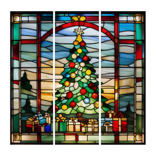 Stained Glass Look Christmas Tree Design Triptych