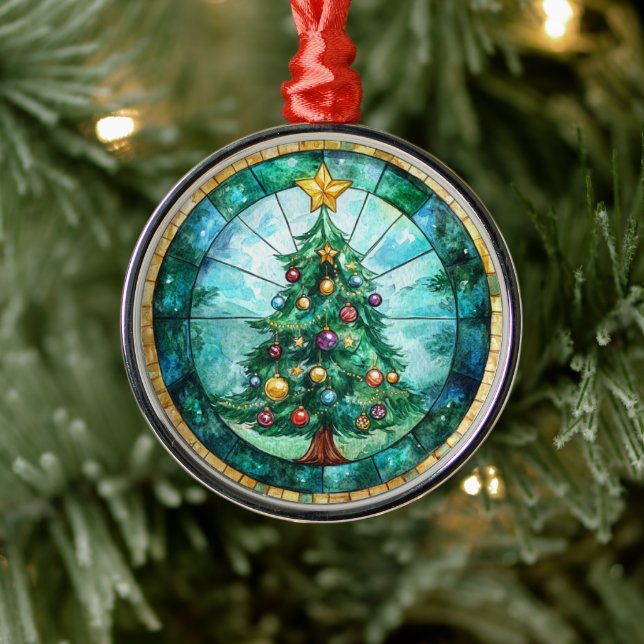 Stained Glass Look Christmas Tree & Star Holiday Metal Ornament (Tree)