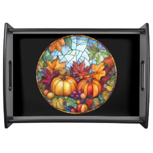 STAINED GLASS LOOK FALL PUMPKINS GRAPES FRUIT SERVING TRAY