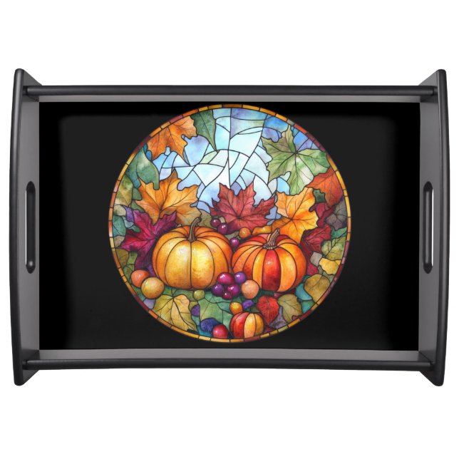 STAINED GLASS LOOK FALL PUMPKINS GRAPES FRUIT  SERVING TRAY (Front)
