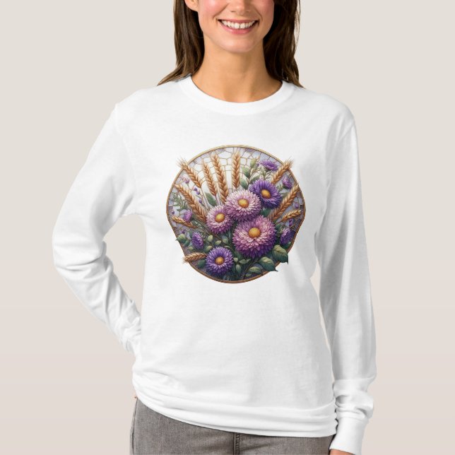 STAINED GLASS LOOK FALL PURPLE ASTER FLOWERS T-Shirt (Front)