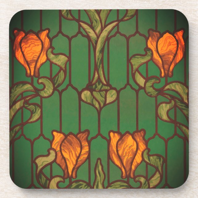 Stained glass look floral art nouveau flowers  beverage coaster (Front)