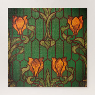 Stained glass look floral art nouveau flowers jigsaw puzzle