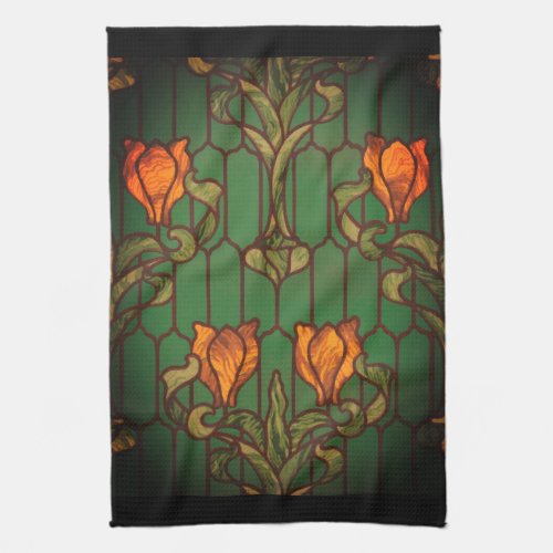 Stained glass look floral art nouveau flowers  kitchen towel