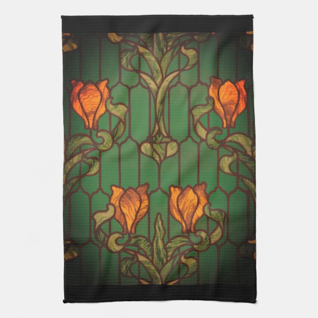 Stained glass look floral art nouveau flowers  kitchen towel (Vertical)