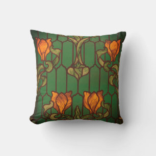 Stained glass look floral art nouveau flowers  throw pillow