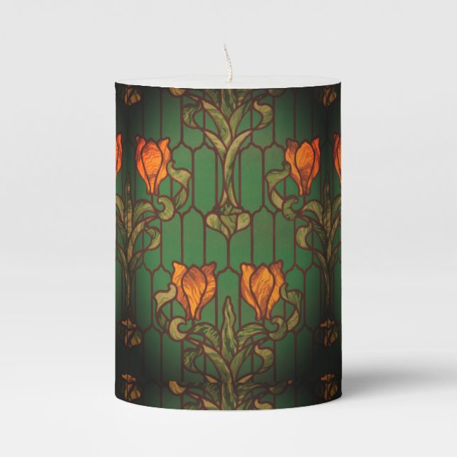 Stained glass look floral art nouveau green orange pillar candle (Front)