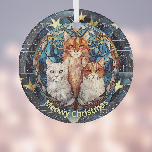 Stained Glass Look Meowy Christmas Cats on Blue Glass Ornament
