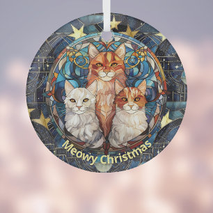 Stained Glass Look Meowy Christmas Cats on Blue Ornament