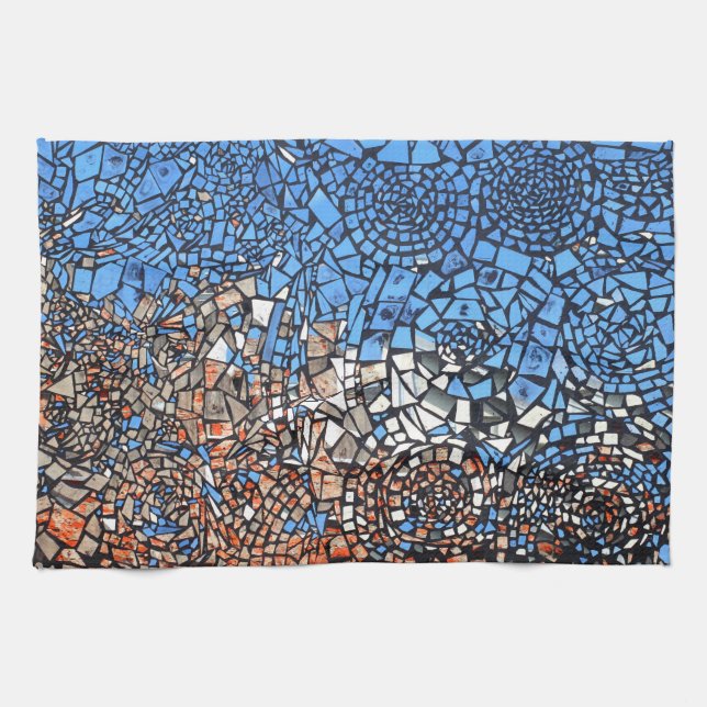 Stained Glass look mosaic abstract blue brown Kitchen Towel (Horizontal)