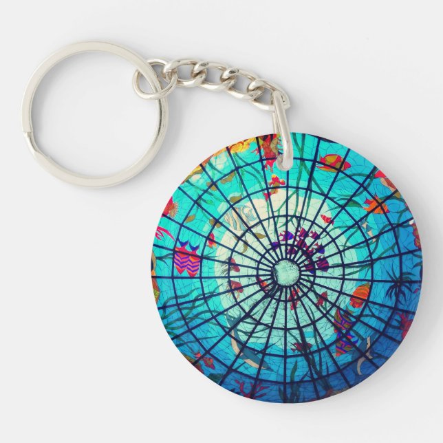 Stained glass look ocean life tropical fish blue keychain (Front)