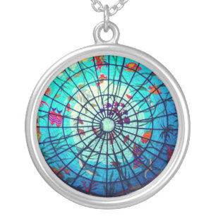 Stained glass look ocean tropical fish blue silver plated necklace