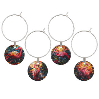 STAINED GLASS LOOK PINK FLAMINGOS WINE CHARM