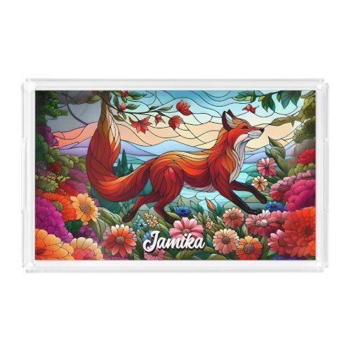 Stained Glass Look Red Fox and Flowers Acrylic Tray