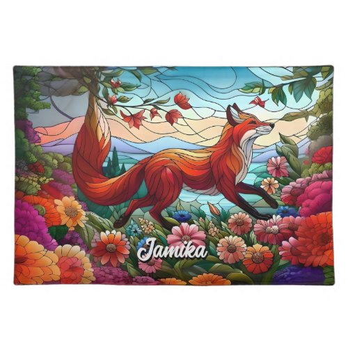 Stained Glass Look Red Fox and Flowers Cloth Placemat