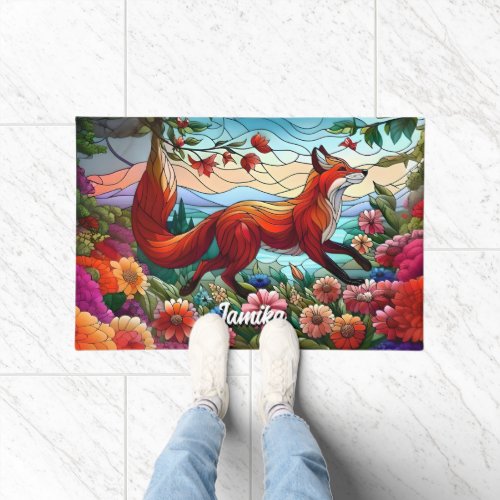 Stained Glass Look Red Fox and Flowers Doormat