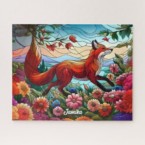 Stained Glass Look Red Fox and Flowers Jigsaw Puzzle