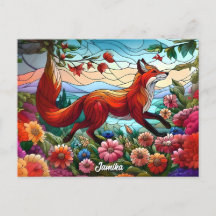 Stained Glass Look Red Fox and Flowers
