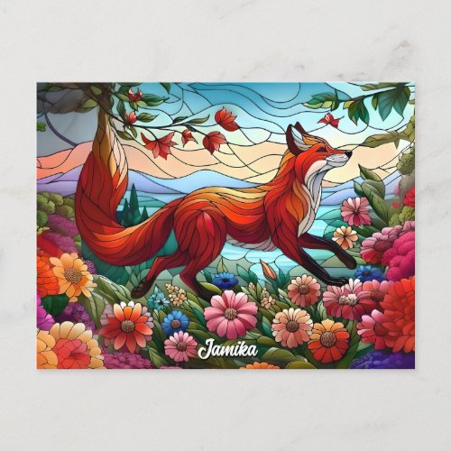 Stained Glass Look Red Fox and Flowers Postcard