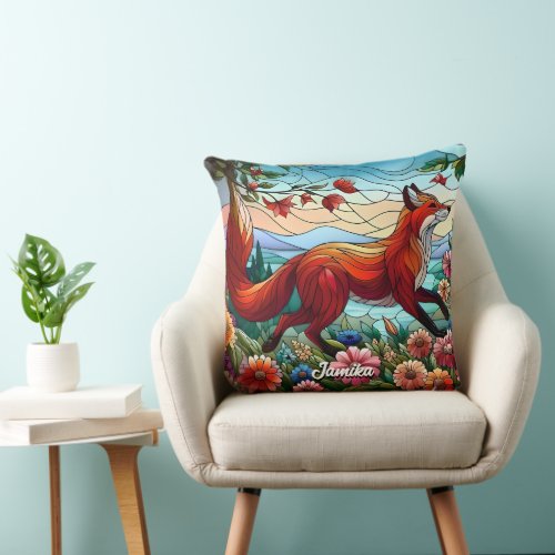 Stained Glass Look Red Fox and Flowers Throw Pillow