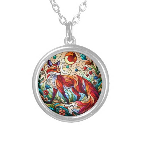Stained Glass Look Red Fox Silver Plated Necklace