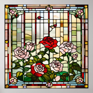 Stained Glass Look Rose Garden Design Poster