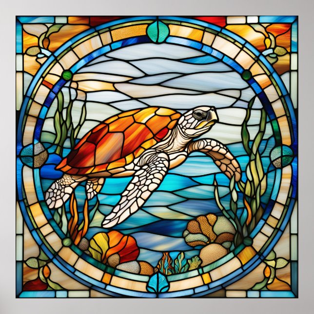 Stained Glass Look Sea Turtle  Design Poster (Front)