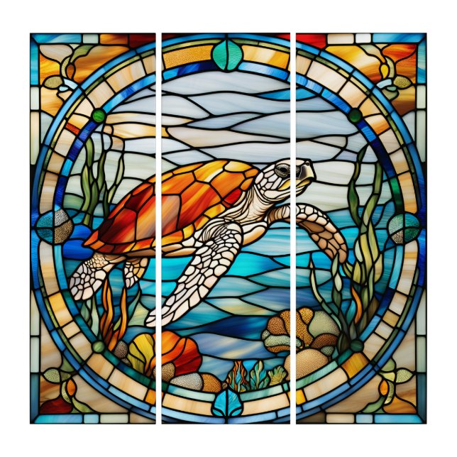Stained Glass Look Sea Turtle Triptych Design (Front)