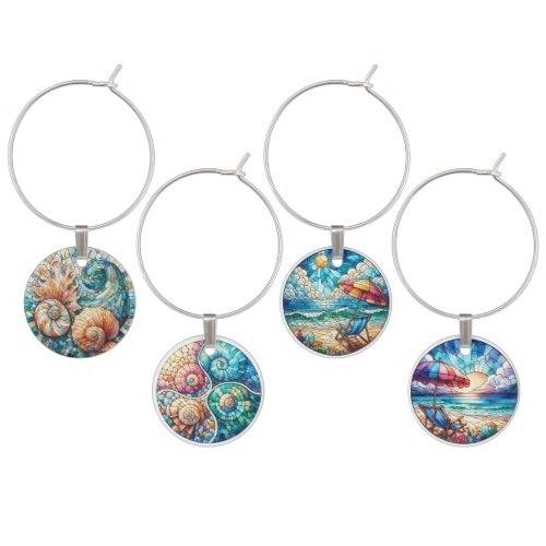 STAINED GLASS LOOK SEASHELLS & BEACH SCENE WINE CHARM