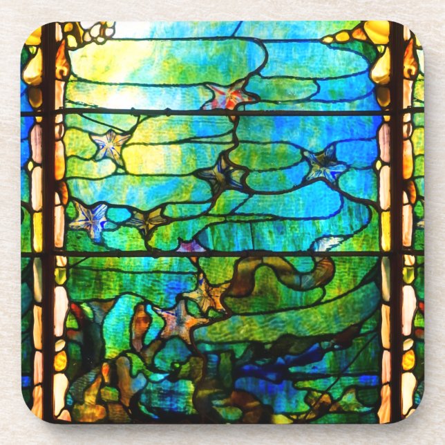 Stained glass look tiffany window starfish sea  beverage coaster (Front)