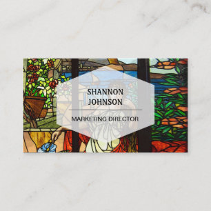 Stained glass look with lady sitting. business card