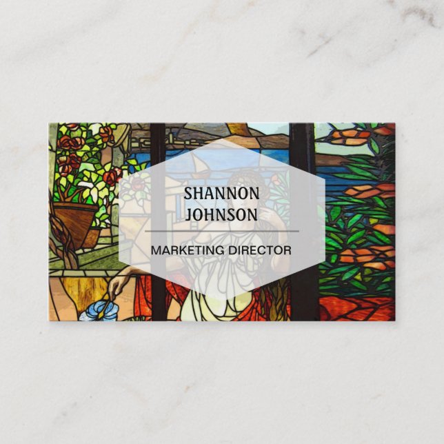 Stained glass look with lady sitting. business card (Front)