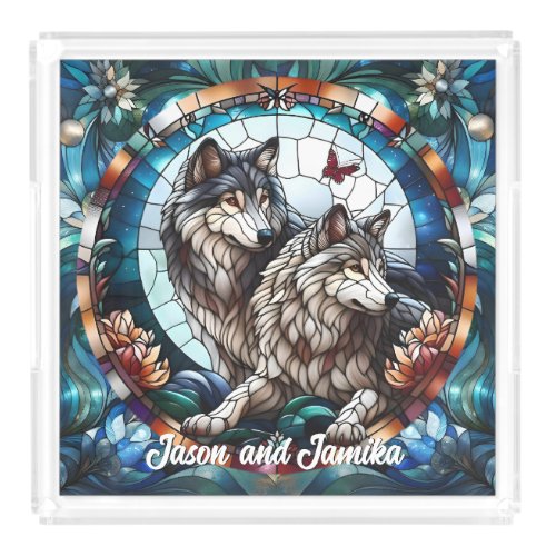 Stained Glass Look Wolf Pair Acrylic Tray