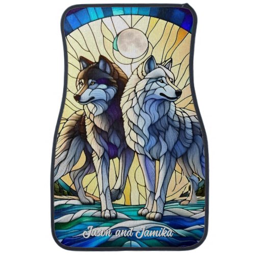 Stained Glass Look Wolf Pair Car Floor Mat