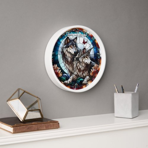 Stained Glass Look Wolf Pair Clock