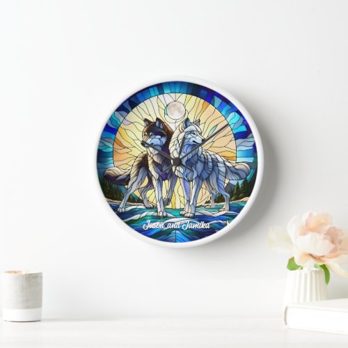 Stained Glass Look Wolf Pair Clock