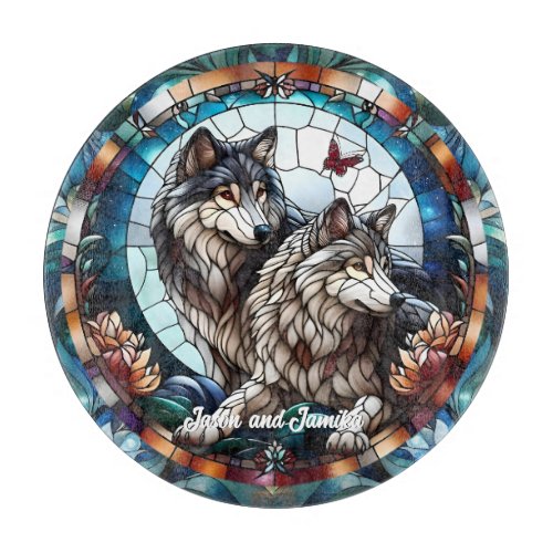 Stained Glass Look Wolf Pair Cutting Board