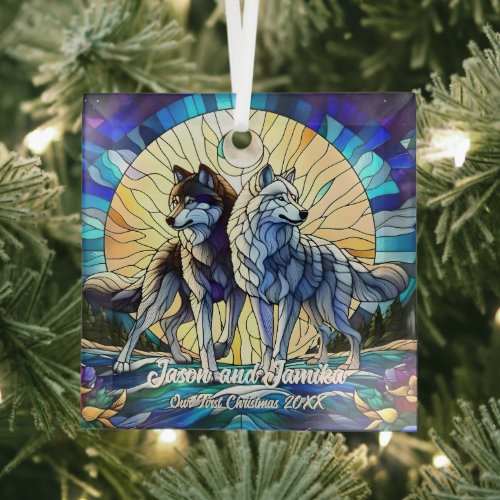 Stained Glass Look Wolf Pair Glass Ornament