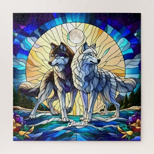 Stained Glass Look Wolf Pair Jigsaw Puzzle