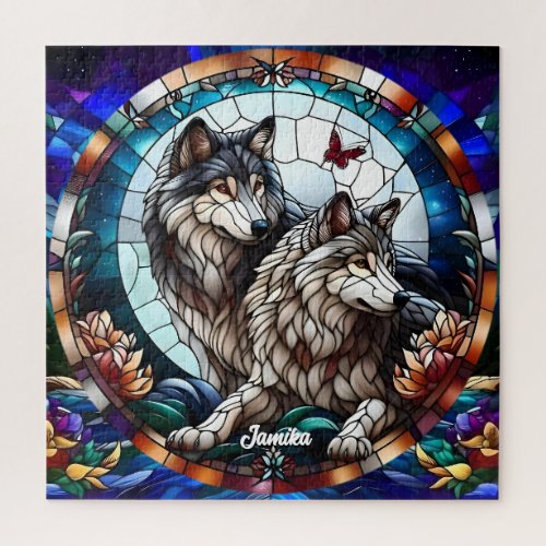 Stained Glass Look Wolf Pair Jigsaw Puzzle